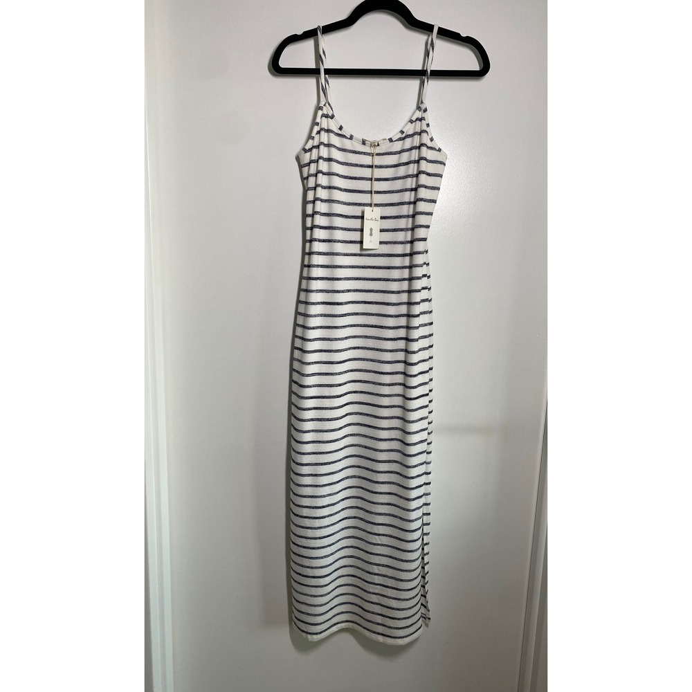 Vanilla Bay Maxi Dress Womens Medium White Blue NWT Striped Side Slit Stretchy